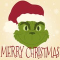 Winter illustration with Christmas character, the grinch wearing a santa hat and the inscription merry christmas.